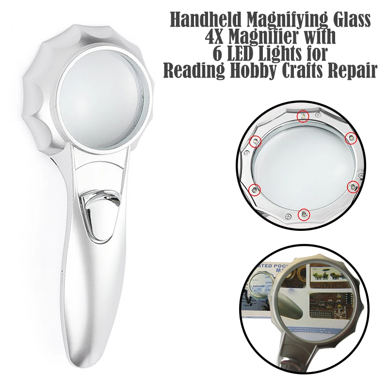 Handheld Magnifying Glass 4X Magnifier With 6 LED Lights Diameter Portable For Reading Hobby Crafts Repair | Инструменты