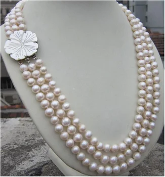 

3 ROW 8-9MM natural Akoya south sea white Pearl Necklace 17-19'' clasp