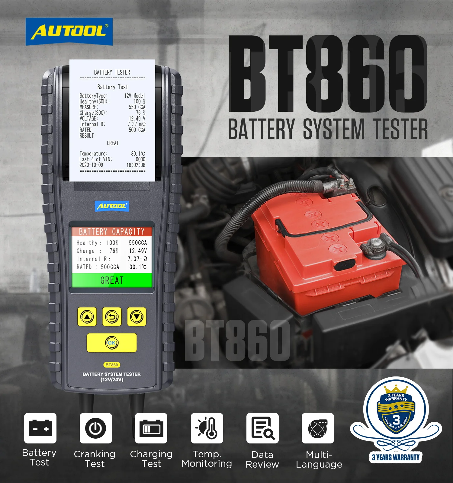 12V 24V Universal Car Battery Tester Charging System Analyzer CCA 2400 AUTOOL 