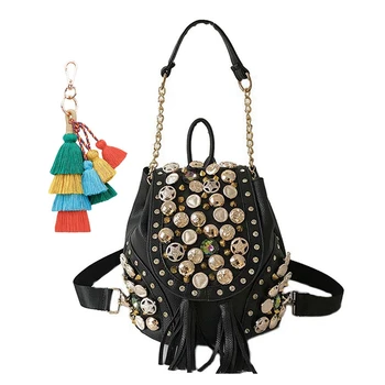 

ASDS-1 Pcs Punk Rivet Buckle Bucket Chain Bag 30 X 22 X 17cm & 1 Pcs Vintage Boho Key Chain Multilayer Tassel Pendant