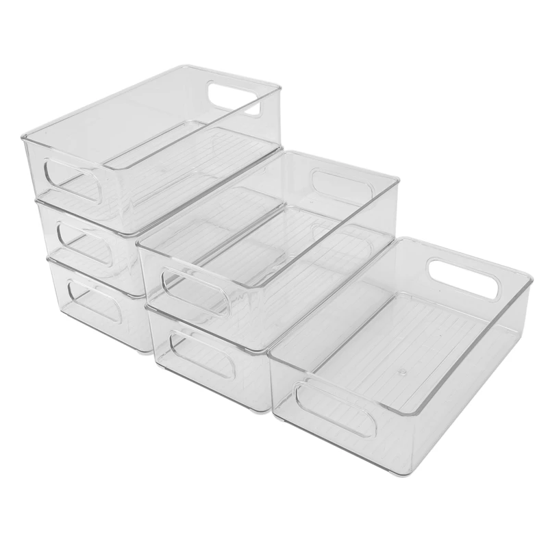 

6Pcs Refrigerator Organizer Bins Stackable Fridge Organizers with Cutout Handles Clear Plastic Pantry Food Storage Rack