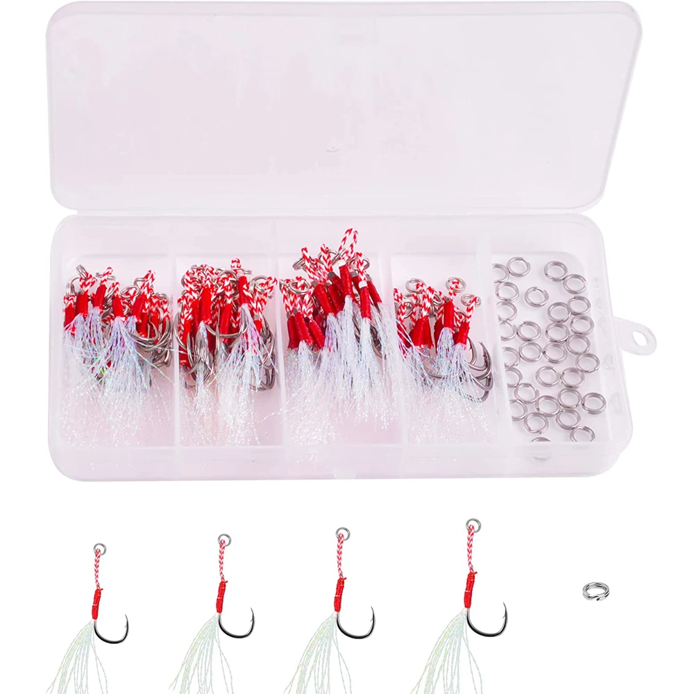 

100Pcs/box Cast Jig Assist Hook with Split rings Slow Jigging lure Bass jigs Fishing Hooks Saltwater Barbed Tying Up Fishhook