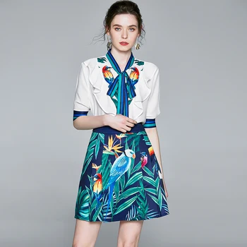 Fashion Runway Two Piece Set 2020 Summer Women Striped Bow Collar Ruffles Chiffon Shirt Top Plant Birds Print Skirt Suit k6393 
Fashion Runway Two Piece Set 2020 Summer Women Striped Bow Collar Ruffles Chiffon Shirt Top Plant Birds Print Skirt Suit k6393