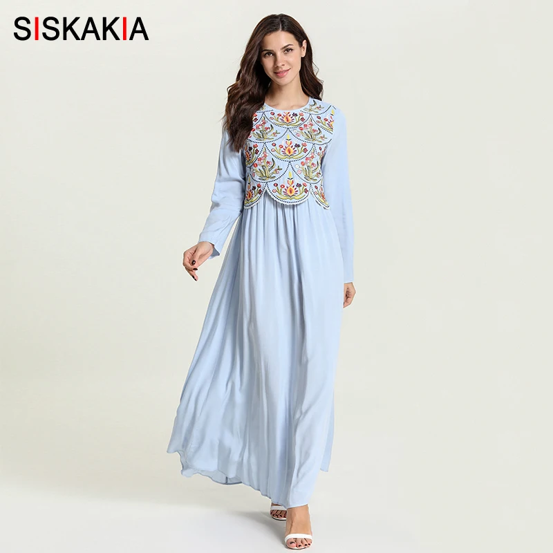 

Siskakia Light Blue Women Long Dress Elegant Floral Embroidery Slim Swing Maxi Dresses Autumn 2019 Long Sleeve Arabian Wears