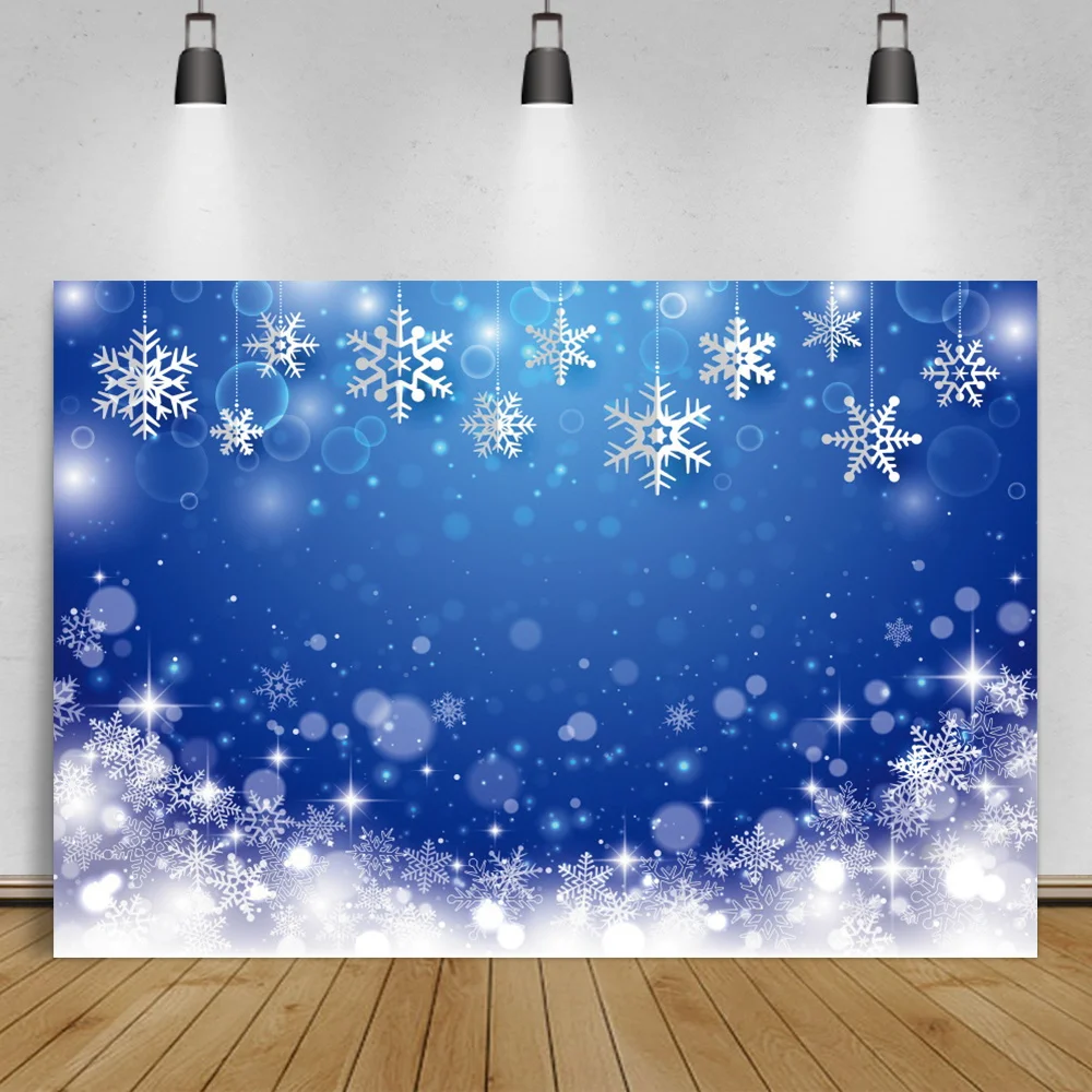 

Laeacco Merry Christmas Blue Photo Background Snowflake Shiny Star Light Bokeh Polka Dots Child Portrait Photographic Backdrops