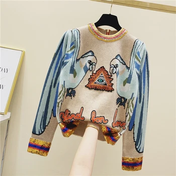 Fashion Pattern Sweater Women Sequined Stereo Parrot Embroidered Back Zipper Sweater Gold Long-Sleeve Round-Neck Sweaters Jumper
Fashion Pattern Sweater Women Sequined Stereo Parrot Embroidered Back Zipper Sweater Gold Long-Sleeve Round-Neck Sweaters Jumper