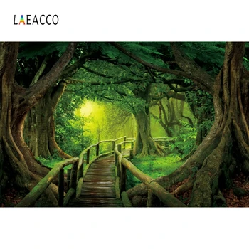 

Laeacco Jungle Forest Backdrops for Photography Big Trees Grassland Wooden Bridge Photo Backgrounds Baby Portrait Photophone