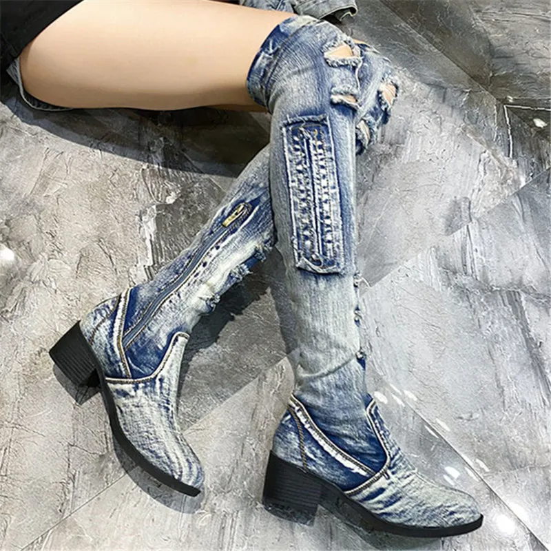 

Women Thigh High Boots 5CM Chunky High Heel Over the Knee Boots Casual Jean Long Botas Mujer Retro Denim Shoes