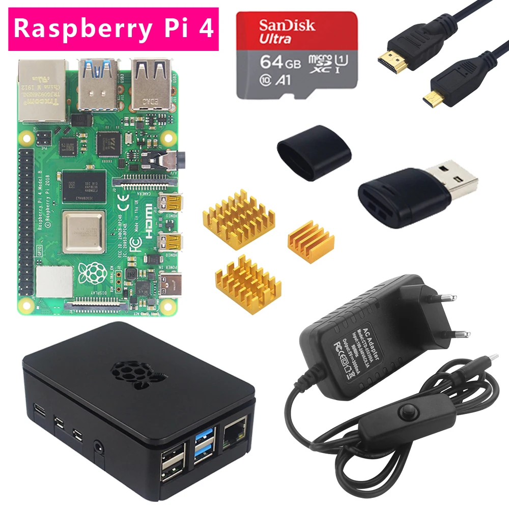 Raspberry Pi 4 Model B 2G/4G RAM + Heatsink + ABS Case + Switch Power Plug + HDMI +32 /64 SD Card + Card Reader for RPi 4 4B
Raspberry Pi 4 Model B 2G/4G RAM + Heatsink + ABS Case + Switch Power Plug + HDMI +32 /64 SD Card + Card Reader for RPi 4 4B