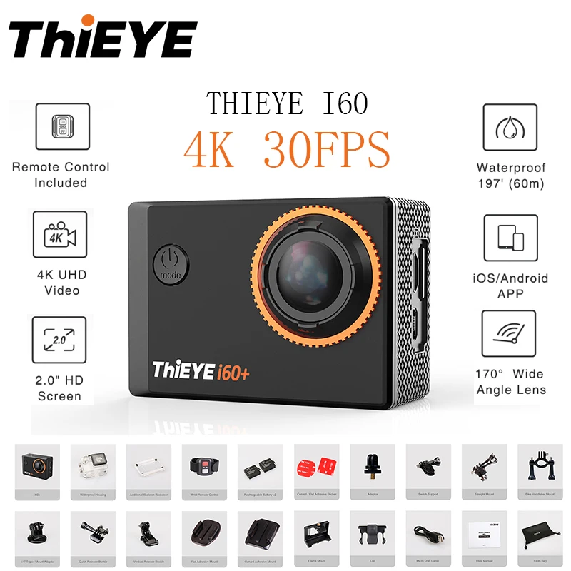 ThiEYE i60+ Action Camera Ultra HD 4K /30fps WiFi 2.0" Action Cam Underwater Waterproof Helmet Video Recording Camera Sports Cam
ThiEYE i60+ Action Camera Ultra HD 4K /30fps WiFi 2.0" Action Cam Underwater Waterproof Helmet Video Recording Camera Sports Cam