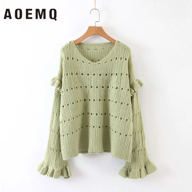 AOEMQ Sweaters Women Tops Winter Girl Sweet Sweater Pullover Slash Collar Loose Petal Sleeve Hole Breathable Clothing | Женская одежда