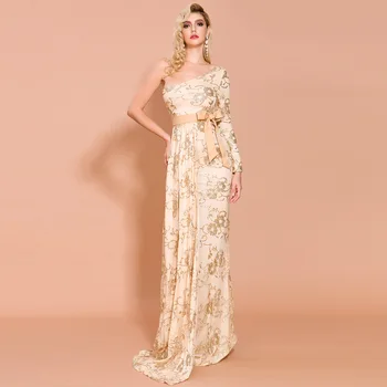 Female Elegant One Shoulder Print Flower Formal Party Dress Full Sleeve Floor Length Robe De Soiree Bowknot Vestidos De Festa 
Female Elegant One Shoulder Print Flower Formal Party Dress Full Sleeve Floor Length Robe De Soiree Bowknot Vestidos De Festa