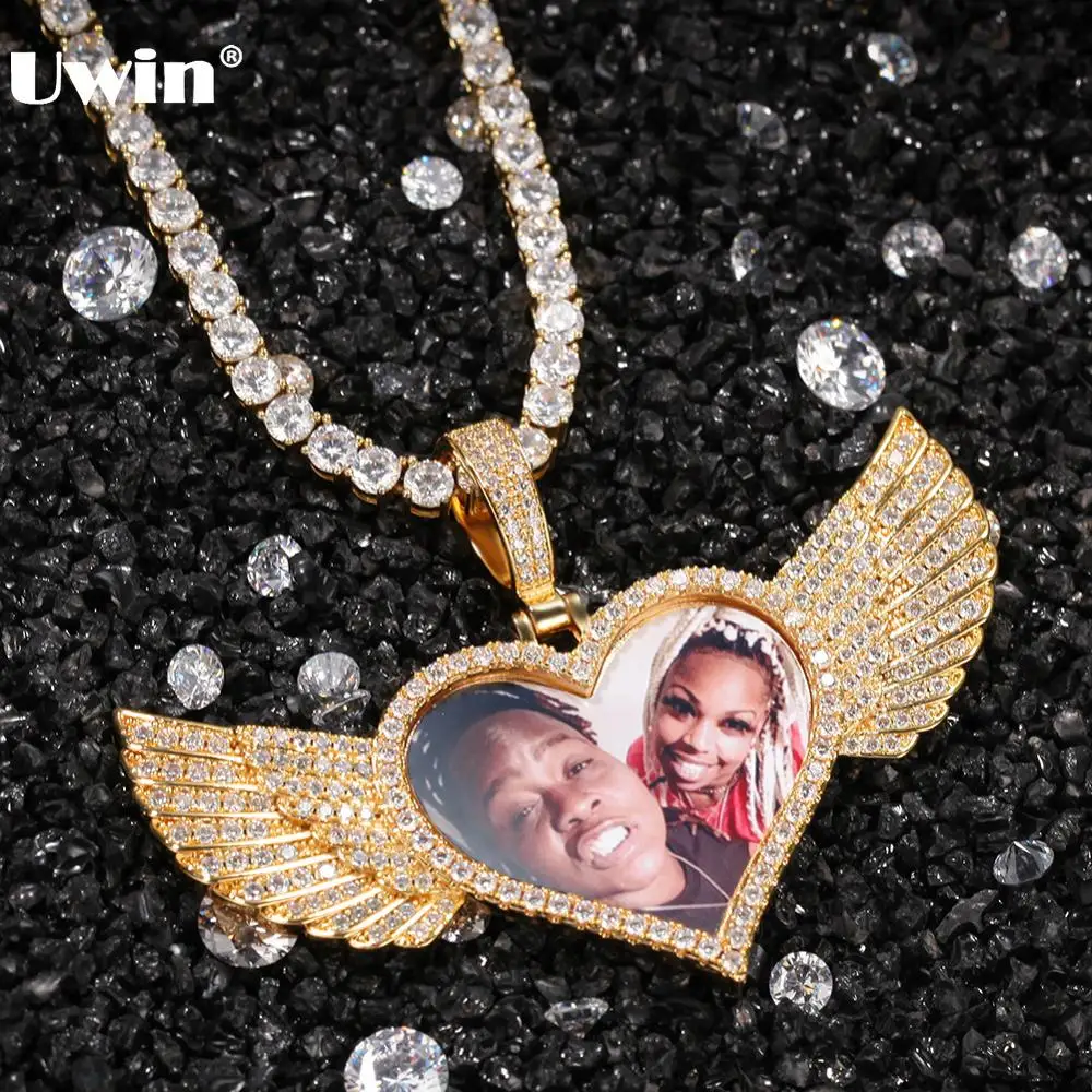 

UWIN Custom Made Photo Heart Medallions Necklace & Pendant Soild Back Wings Full Iced Out Cubic Zirconia Hiphop Jewelry Gifts