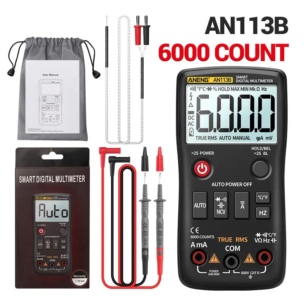 ANENG 113B 6000 Counts Digital Multimeter True RMS With Temperature Tester Auto-Ranging AC/DC Transistor Voltage Meter
ANENG 113B 6000 Counts Digital Multimeter True RMS With Temperature Tester Auto-Ranging AC/DC Transistor Voltage Meter