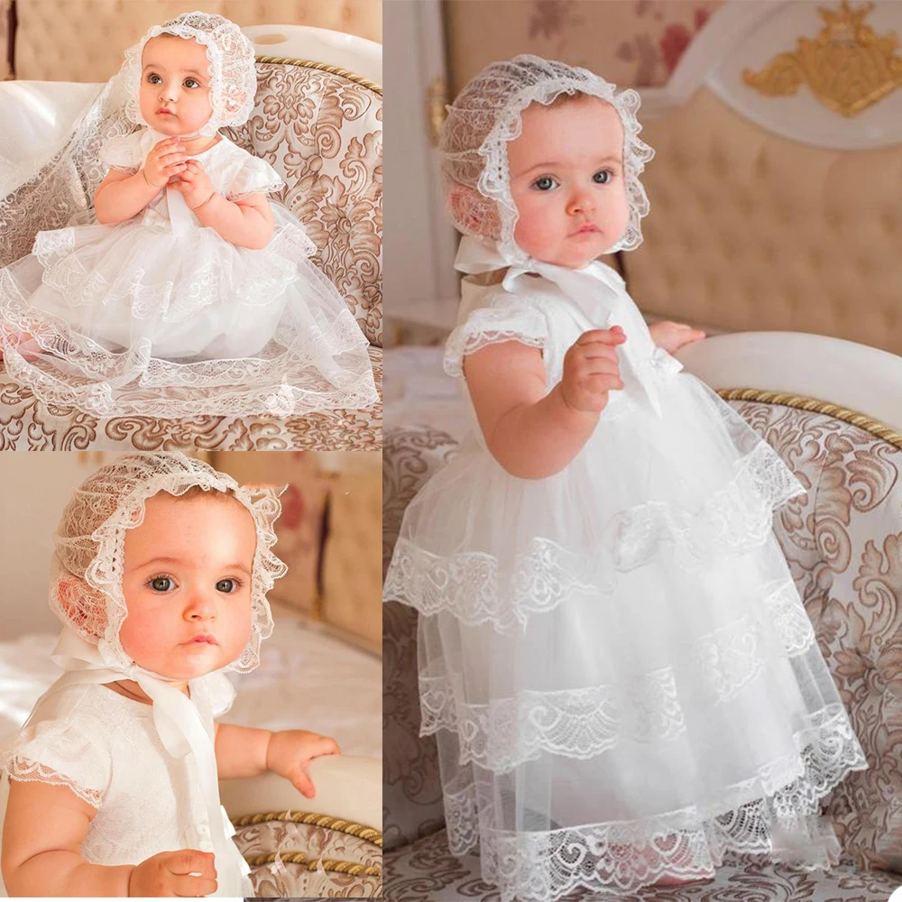 

2021 Soft Tulle Christening Gowns For Cute Baby Girl Short Sleeve Appliques Baptism Dresses With Bonnet First Communication Dres