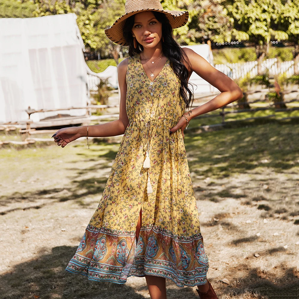 Floral Print Bohemian Vacation Slit Maxi Dress 2021 Drawstring Sleeveless V Neck With Button Ladies Summer Elegant Long Dresses
Floral Print Bohemian Vacation Slit Maxi Dress 2021 Drawstring Sleeveless V Neck With Button Ladies Summer Elegant Long Dresses