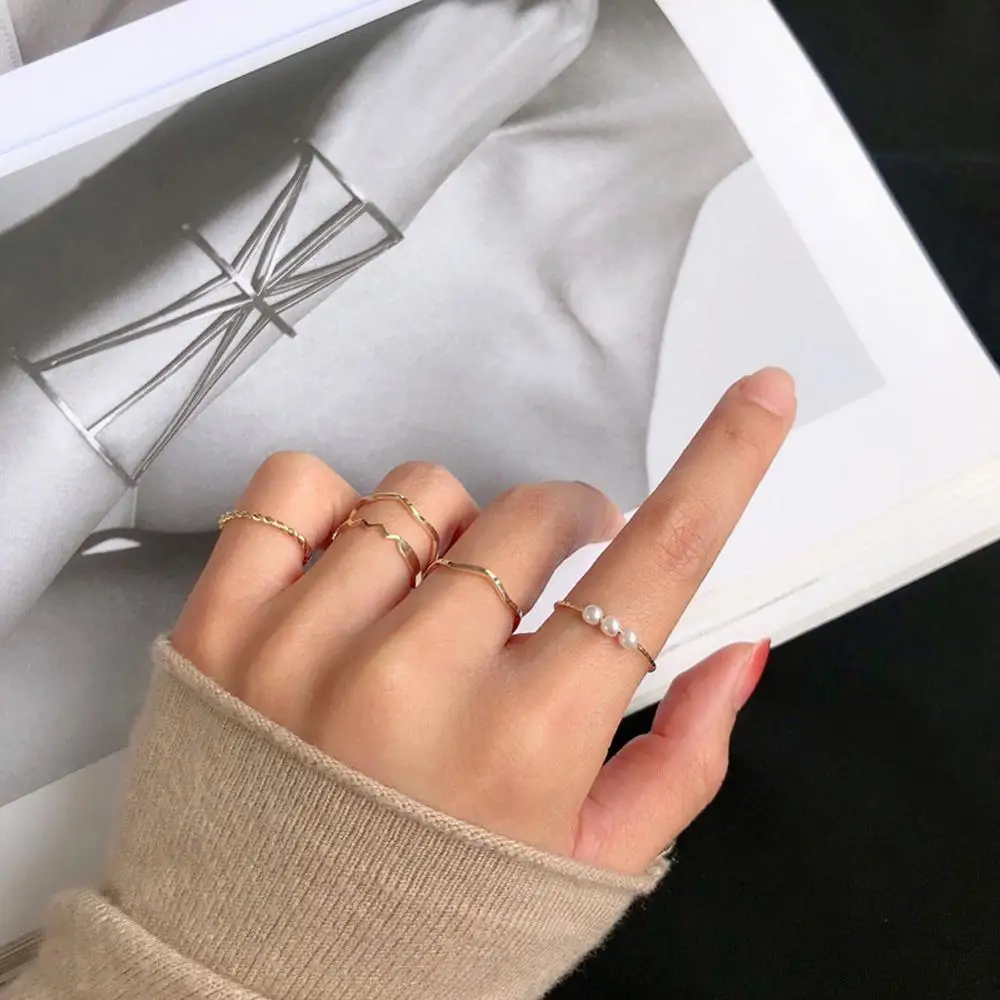 Adjustable 5PCS/Set Fashion Minimalist Style Personality Gold Geometric Wave Opening Rings Circle Pearl Set For Women | Украшения и