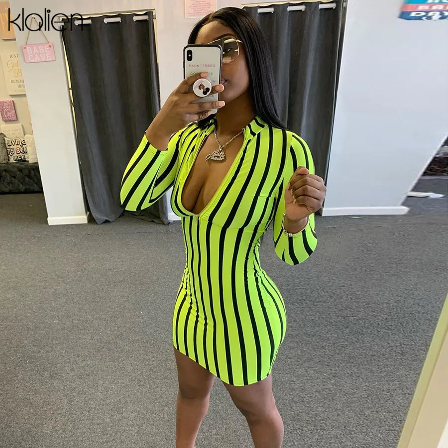 KLALIEN spring fall long sleeve turtleneck zipper fashion casual dress women high street striped mini bodycon dress 2020 new