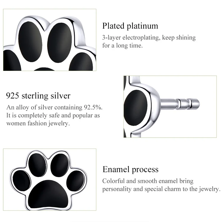 Paw Dog Footprint Black Stud Earrings 925 Sterling Silver For Women - PeticaDeals