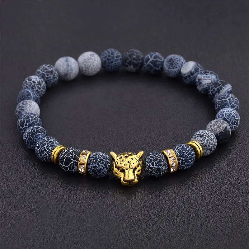 

Weathering Stone Leopard Head Beaded Bracelet For Men New Fashion Natural Stone Tiger Eye Onyx Lava Beads Bracelets