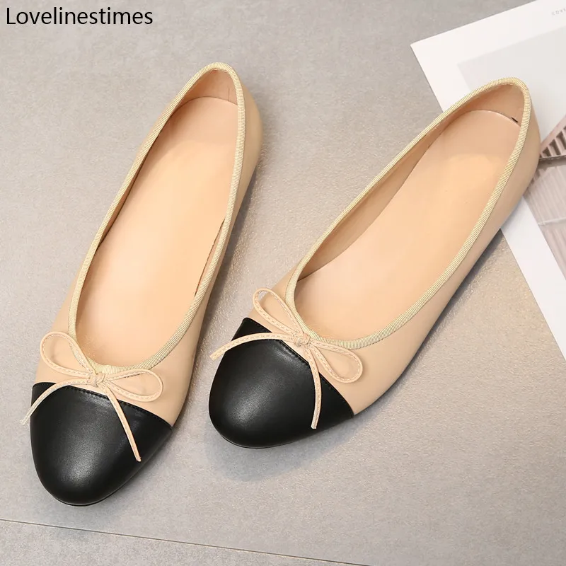 

Ballet Flats Classic Shoes Women Basic 2024 Leather Tweed Cloth Two Color Splice Bow Round Ballet Shoe Fashion Flats Women Shoes