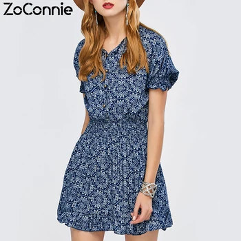 Blue Elegant Cotton A-Line Summer Dress Women Party Dress Elastic Waist Short Sleeve Button Print Mini Dress Ladies Clothes 
Blue Elegant Cotton A-Line Summer Dress Women Party Dress Elastic Waist Short Sleeve Button Print Mini Dress Ladies Clothes