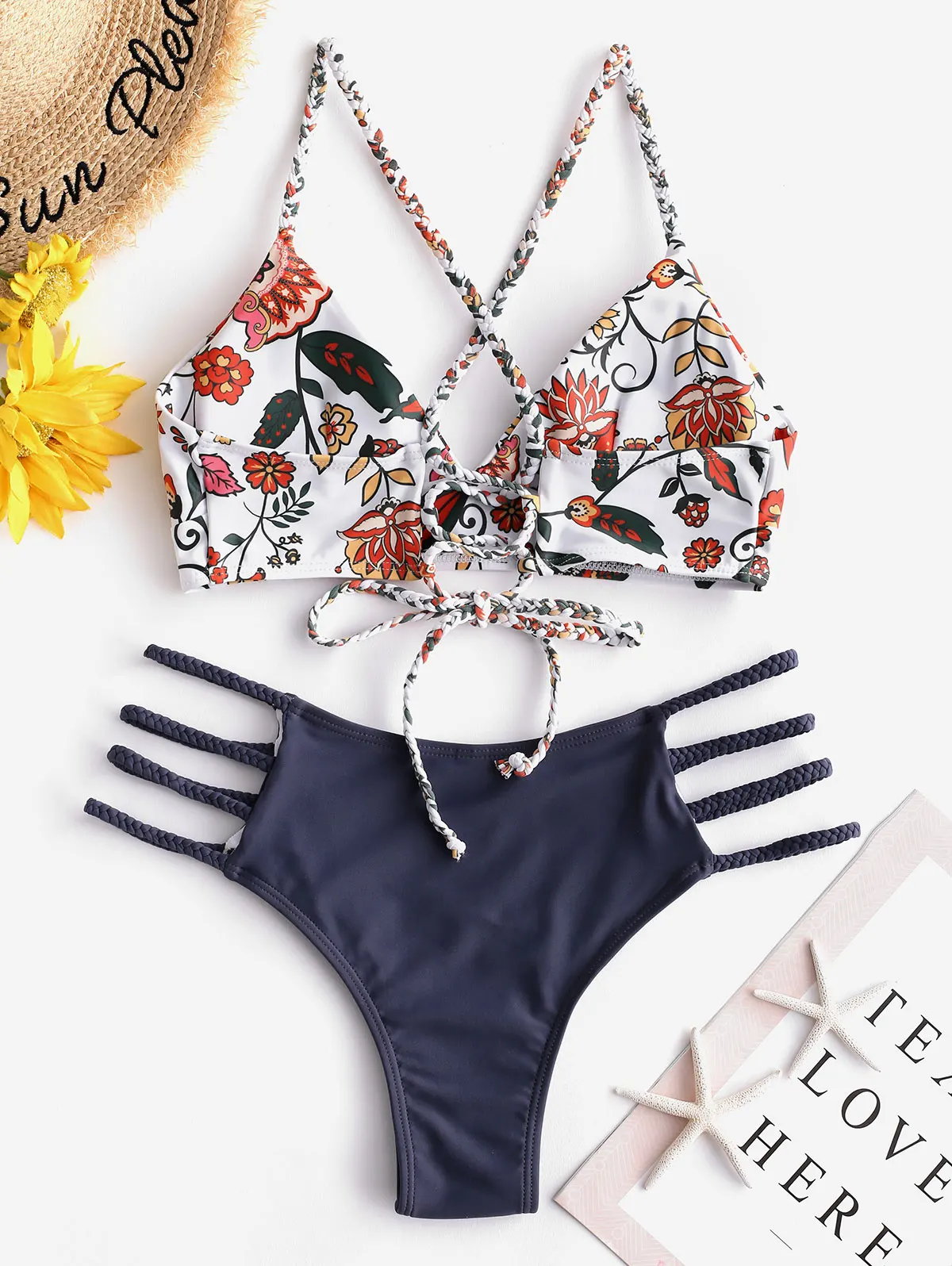 ZAFUL Bikini Flower Braided Lace Up Sexy Bikini Set Spaghetti Straps