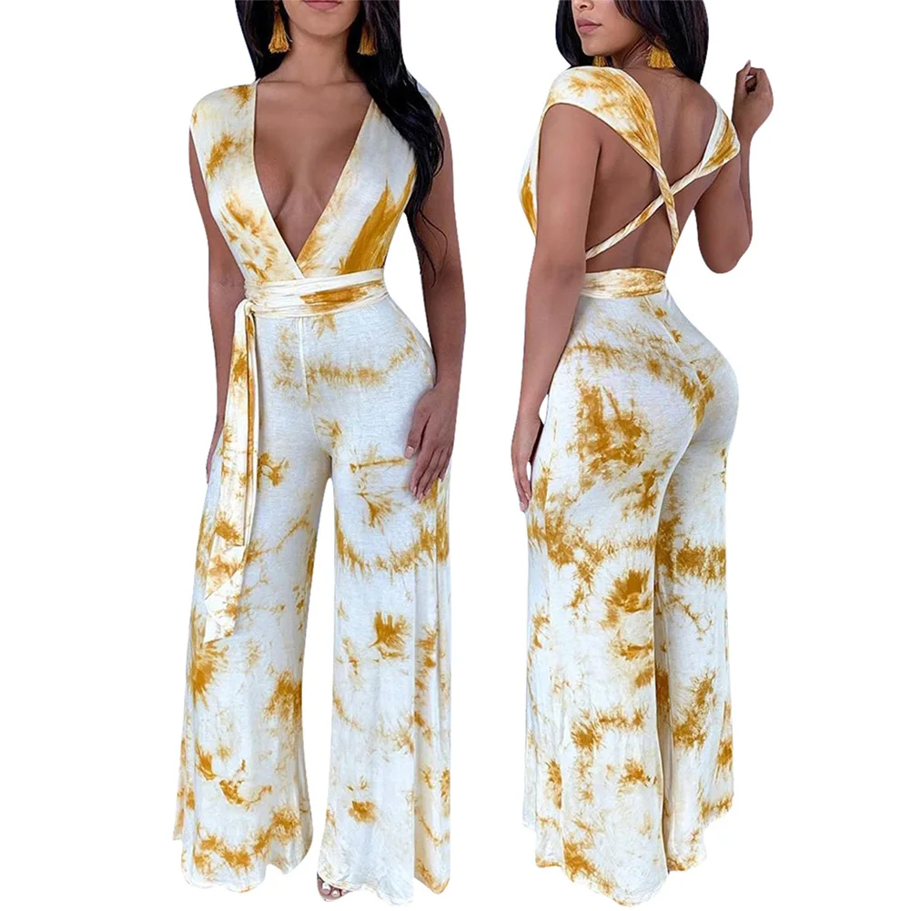 

Fadzeco Women Jumpsuit Sexy Deep V Neck Crossed Backless Print High Waist Wide Leg Long Pants Jumpsuits Romper Clubwear