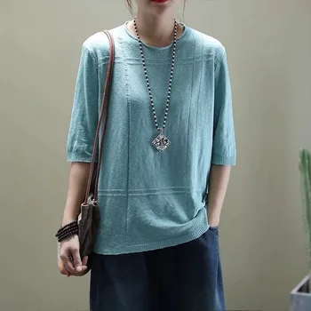 2020 Spring Fashion Solid Color Pullover Jacquard Weave Sweater Loose Knitting Half Sleeve Tees For Women Female T Shirts 
2020 Spring Fashion Solid Color Pullover Jacquard Weave Sweater Loose Knitting Half Sleeve Tees For Women Female T Shirts