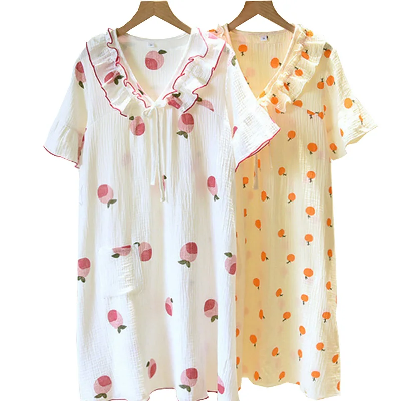 2021 Summer New Women Cute Cartoon Peach Printed Nightgown Ladies 100% Gauze Cotton V-Neck Short Sleeve Sweet Soft Sleep Dress
2021 Summer New Women Cute Cartoon Peach Printed Nightgown Ladies 100% Gauze Cotton V-Neck Short Sleeve Sweet Soft Sleep Dress