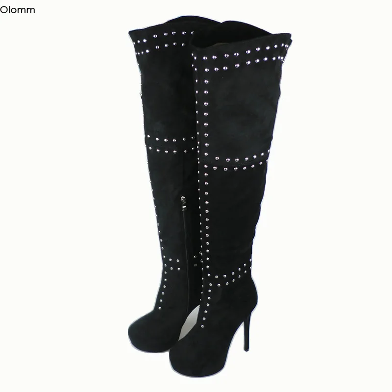 

Olomm Women Platform Over The Knee Boots Sexy Stud Thin Heels Boots Round Toe Black Blue Wine Red Party Shoes Women US Size 5-15