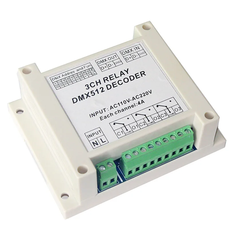3CH dmx512 relay Controller,3CH RELAY OUTPUT DMX512 relay decoder, 3 channel*4A AC110-220V input Plastic housing
3CH dmx512 relay Controller,3CH RELAY OUTPUT DMX512 relay decoder, 3 channel*4A AC110-220V input Plastic housing