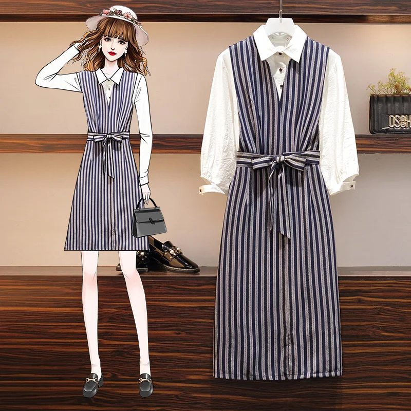 L-5XL Plus Size Women Fashion Striped Patchwork Sashes Knee Length Dress Elegant Turn-down Collar Natural Long Sleeve Dress
L-5XL Plus Size Women Fashion Striped Patchwork Sashes Knee Length Dress Elegant Turn-down Collar Natural Long Sleeve Dress