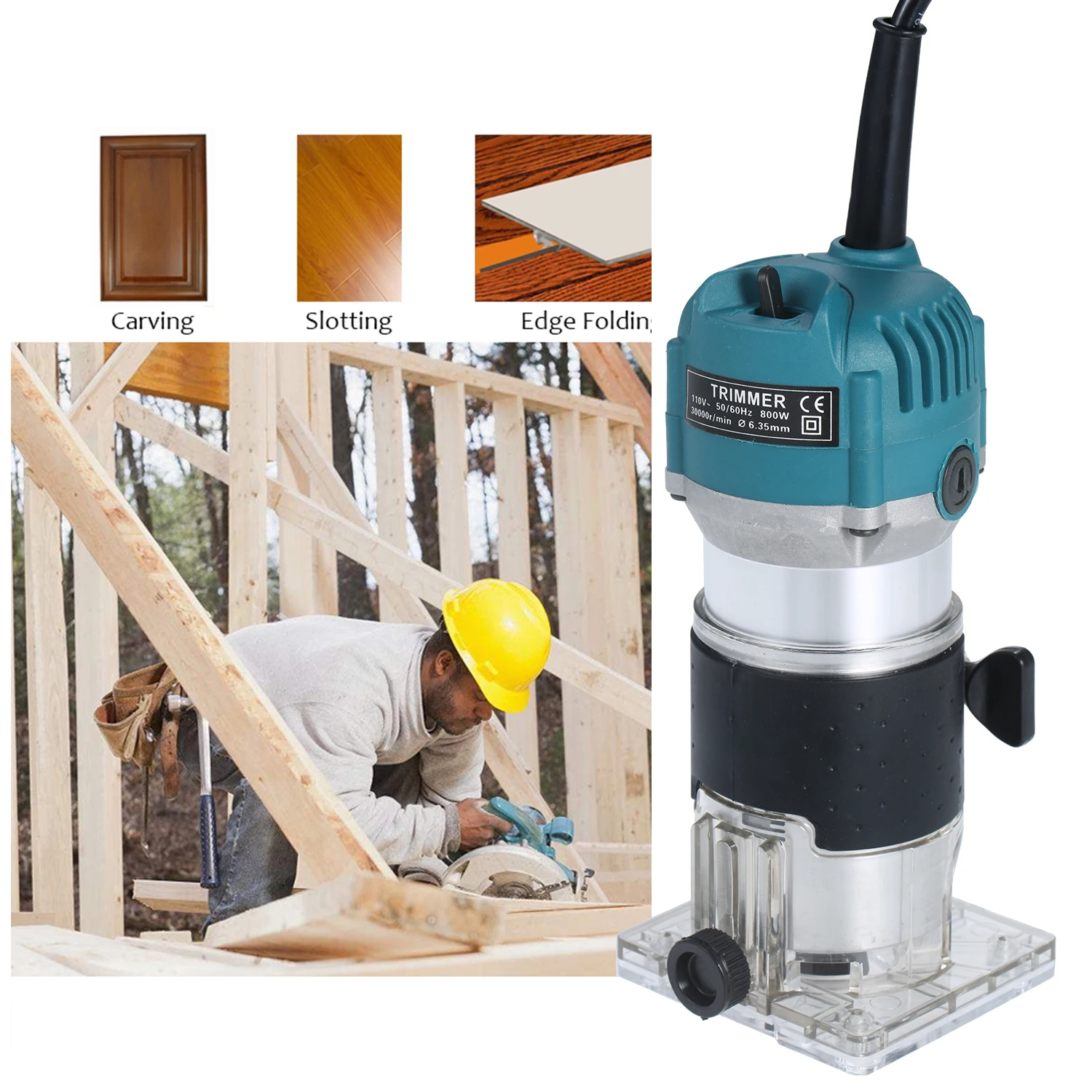 Multifunctional 220V 800W 30000R Electric Trim Router Trimmer with Base Edge Guide for Woodworking Trimming Slotting Notching |