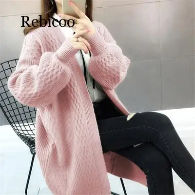 

Rebicoo Spring Sweater Cardigans Women V neck Lantern Sleeve Open Stitch Loose Sweater Jacket Cheap Clothes Female Knit Coat