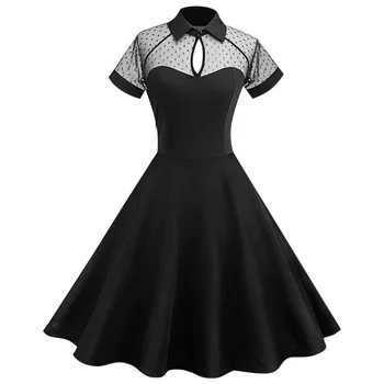 Turn-Down Collar Keyhole Spliced Mesh Dot Print A-Line Women Dress Summer High Waist Black Party Swing Dress Robe
Turn-Down Collar Keyhole Spliced Mesh Dot Print A-Line Women Dress Summer High Waist Black Party Swing Dress Robe
