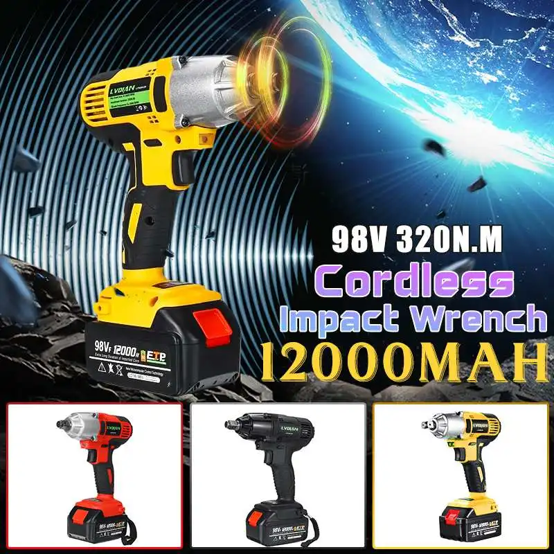 98VF 320NM Cordless Electric Wrench Impact Socket Wrench 12000mAh Li Battery Hand Drill Screwdriver Installation Power Tools
98VF 320NM Cordless Electric Wrench Impact Socket Wrench 12000mAh Li Battery Hand Drill Screwdriver Installation Power Tools