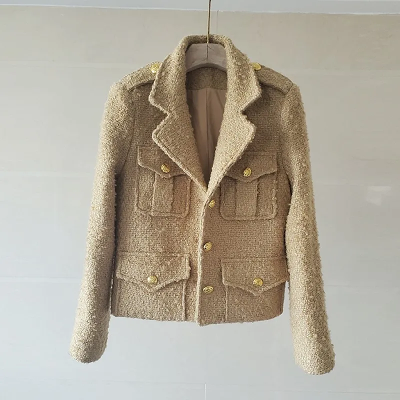 Runway Fall Winter Vintage Coffee Color Woolen Tweed Jacket For Women Luxury Pocket Design Coats Female Casacos
Runway Fall Winter Vintage Coffee Color Woolen Tweed Jacket For Women Luxury Pocket Design Coats Female Casacos