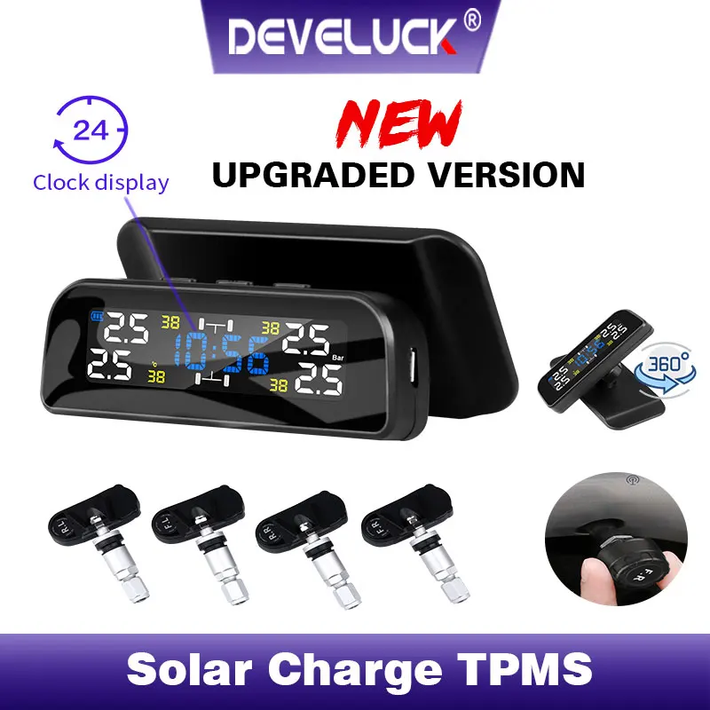 TPMS Wireless Car Alarm Tire Pressure Monitoring System Rotation display Time Warning Solar Power Charge External Inside sensors
TPMS Wireless Car Alarm Tire Pressure Monitoring System Rotation display Time Warning Solar Power Charge External Inside sensors