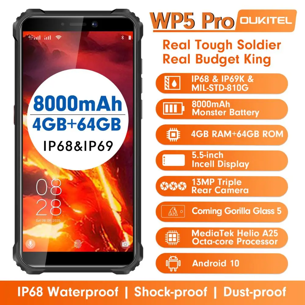 OUKITEL WP5 Pro IP68 Waterproof Smartphone 8000mAh Triple Camera Face/Fingerprint Unlock Android 10 5.5 inches 4GB 64GB Mobile
OUKITEL WP5 Pro IP68 Waterproof Smartphone 8000mAh Triple Camera Face/Fingerprint Unlock Android 10 5.5 inches 4GB 64GB Mobile