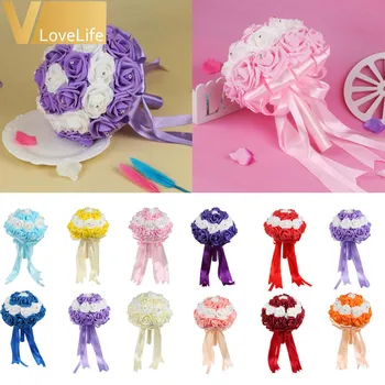 

Bridal Wedding Bouquet Handmade Artificial PE Foam Rose Flowers With Rhinestone Satin Ribbons Bow Wedding Party Favors Decor