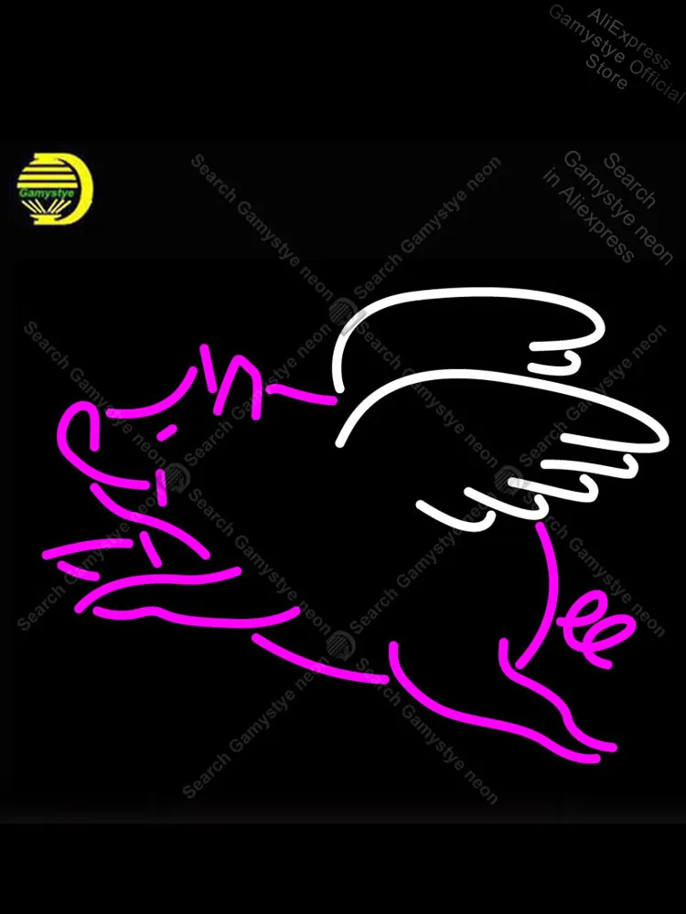 Фото Неоновая вывеска в виде летающей свиньи стеклянная трубка неоновый светильник