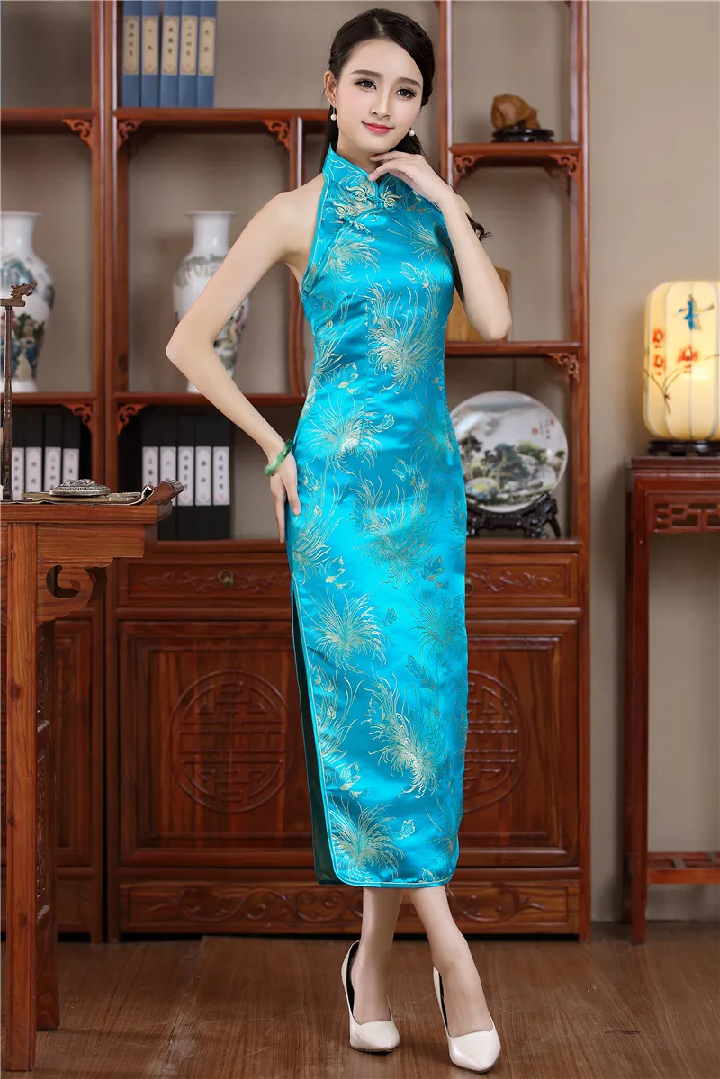 

Cheongsam Evening Dress Sexy Backless Chinese Gown Vintage Women Vestidos Rayon Clothing Formal Party Qipao Prom Dresses Split