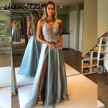Sky Blue Evening Dresses Satin A-Line V-Neck Sleeveless High Split Floor Length Formal Party Gowns Long Evening Dress vestidos
Sky Blue Evening Dresses Satin A-Line V-Neck Sleeveless High Split Floor Length Formal Party Gowns Long Evening Dress vestidos