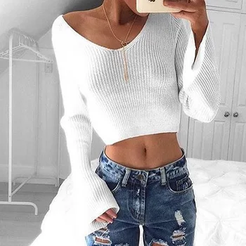 Knitted Sexy T-shirt Women Short Crop Sweater Jumper Tops Girls Knitting Flare Sleeve Shirts Tees Fashion Style 956487 
Knitted Sexy T-shirt Women Short Crop Sweater Jumper Tops Girls Knitting Flare Sleeve Shirts Tees Fashion Style 956487