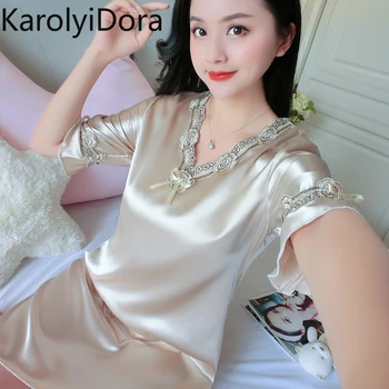 Women's pajamas new fashion nightdress Xia Bingsi home service dress thin section short sleeve large size silk skirt 
Women's pajamas new fashion nightdress Xia Bingsi home service dress thin section short sleeve large size silk skirt
