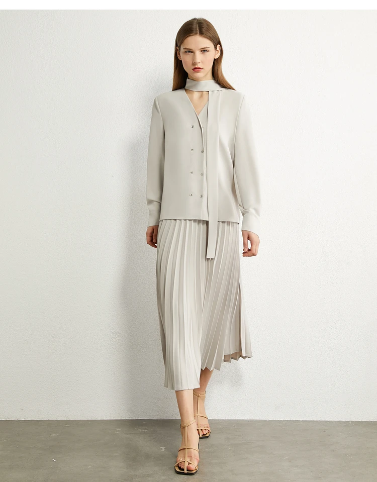AMII Minimalism Autumn Olstyle Set Fashion Bow Neck Full Sleeve Loose Women Shirt High Waist Pleated Female Skirt 12040337