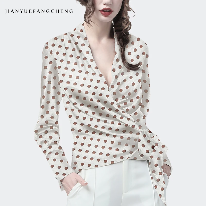 Женская блузка в горошек из 100% хлопка с длинным рукавом и V-образным вырезом |