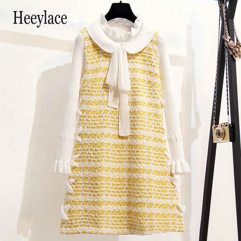 2019 Autumn Winter Sweet Yellow Plaid Tweed Dress Girls Peter Pan Collar Bowknot Lace-up Sleeveless Vest Dress and Sweater Top
2019 Autumn Winter Sweet Yellow Plaid Tweed Dress Girls Peter Pan Collar Bowknot Lace-up Sleeveless Vest Dress and Sweater Top
