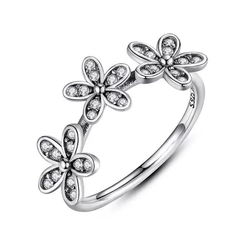 

925 Sterling Silver Jewelry Finger Thai silver Rings with AAA Crystal Flowers Three Silver Ring for Party Jewelry Christmas Gift